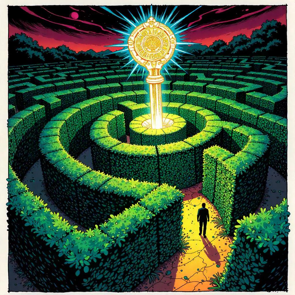 Dimensional Key in a Hedge Maze (Comic Style)