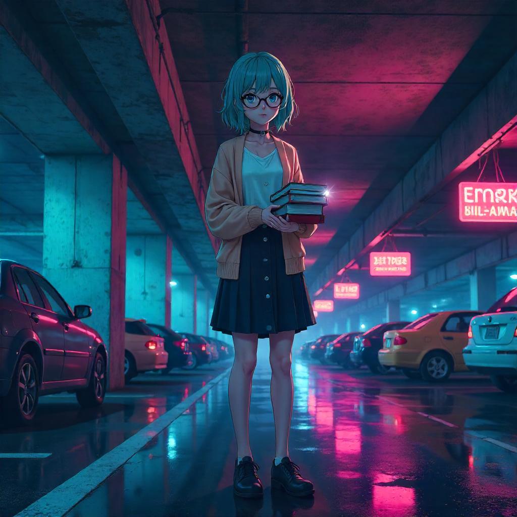 Anime Librarian in a Neon Parking Garage