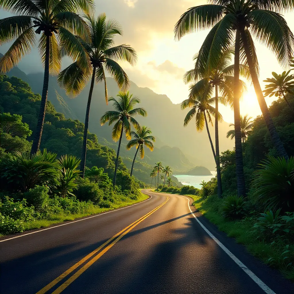 Mist-Kissed Hawaiian Road Through Palm Forest