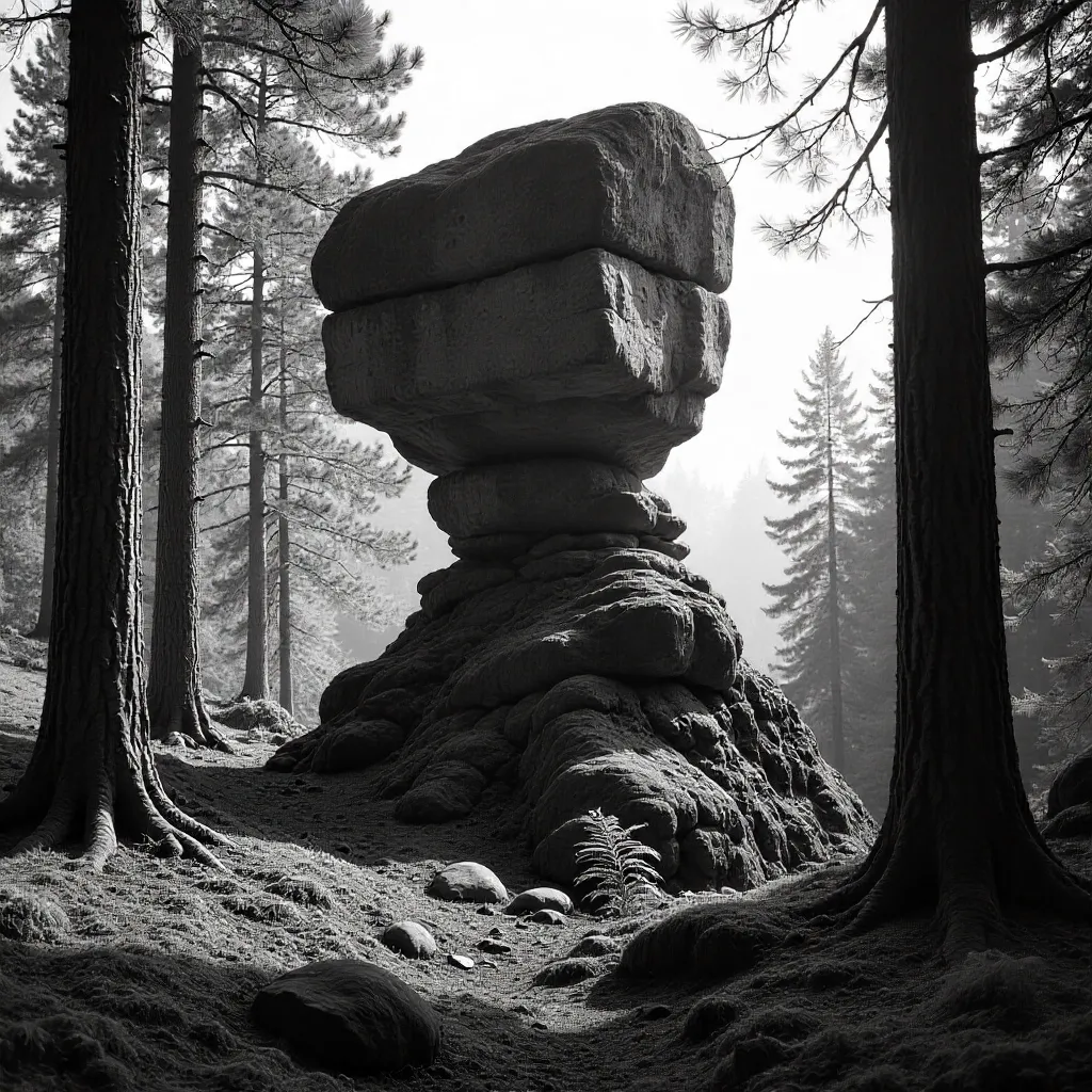 Monochrome Rock Formation in a Tranquil Forest
