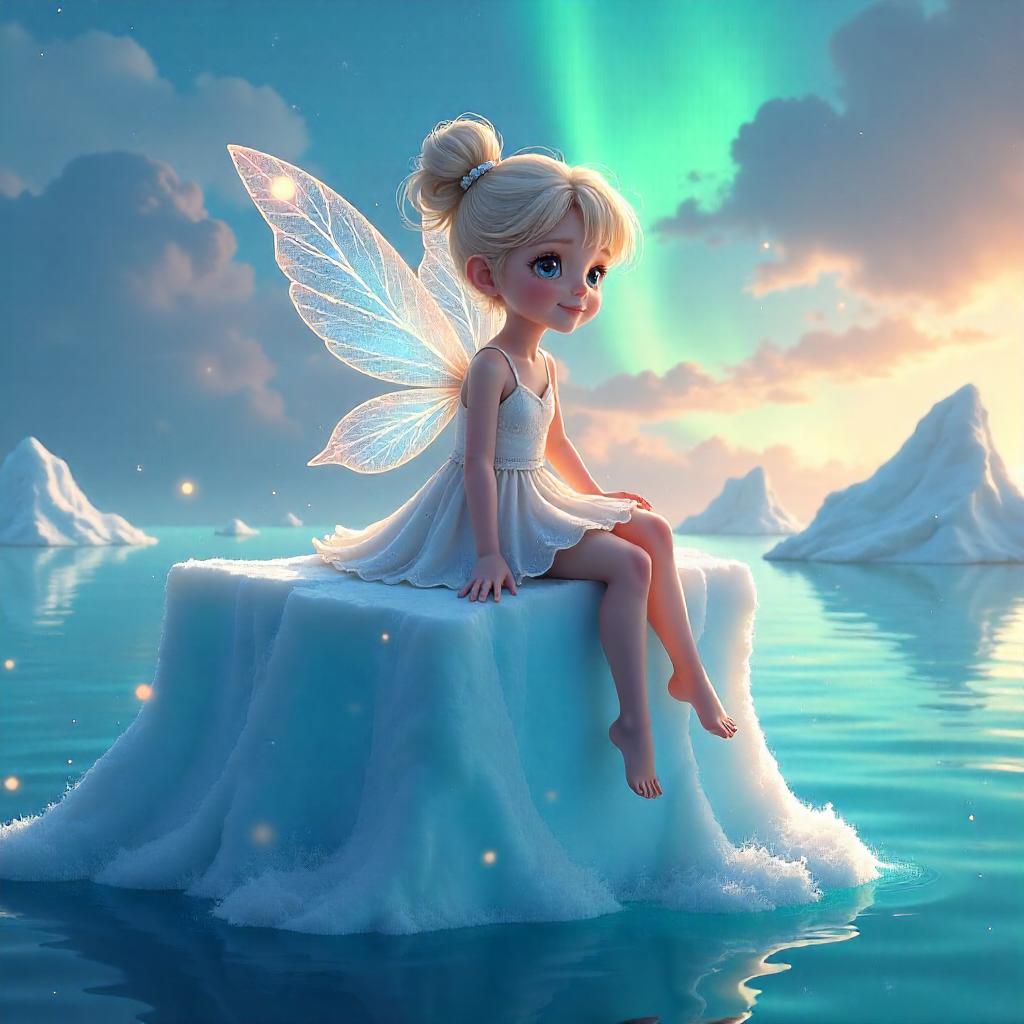 Pixie on a Floating Iceberg in Anime Style