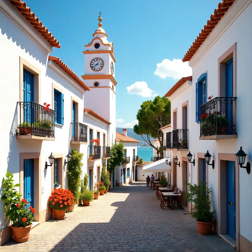 Sunny Marbella Old Town Clock Tower Scene