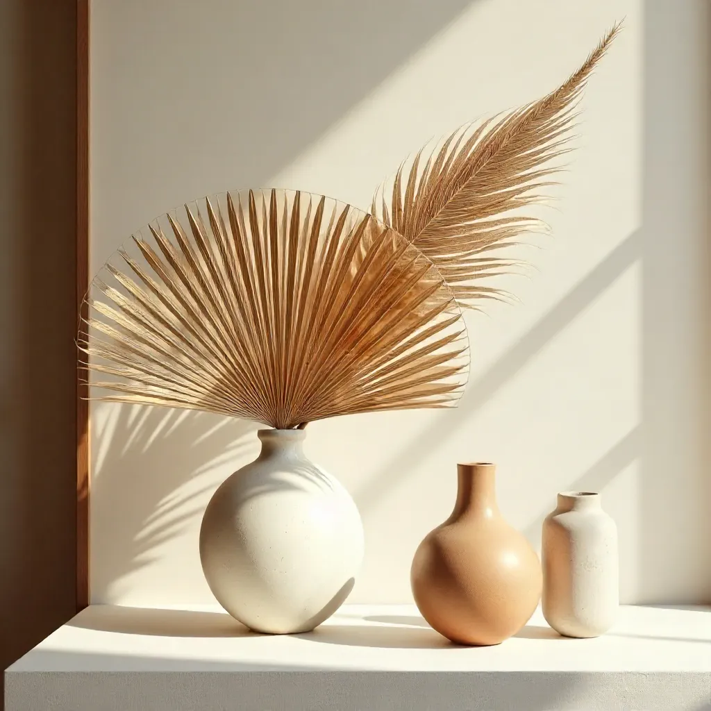 Serene Minimalist Decor: Palm Leaf Fan and Ceramic Vases
