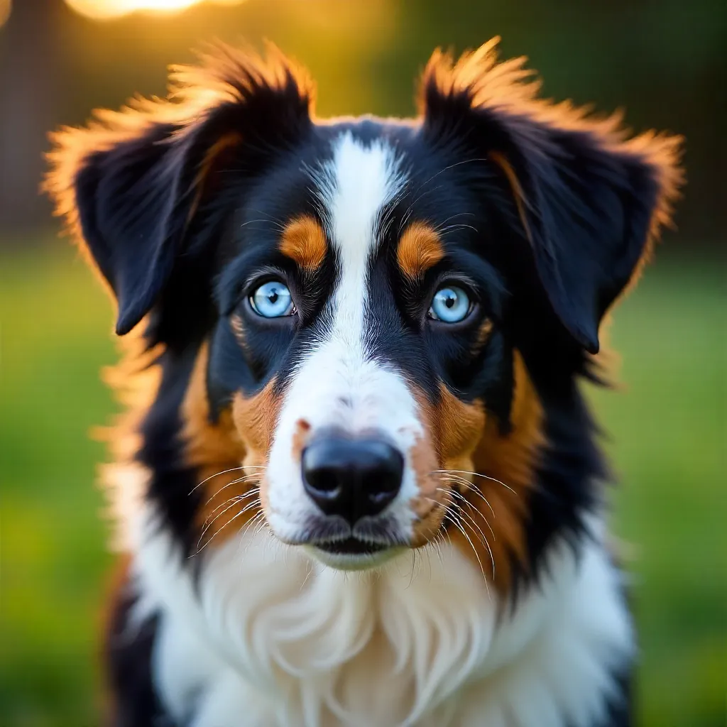 Captivating Close-Up: Tricolor Australian Shepherd with Blue Eyes