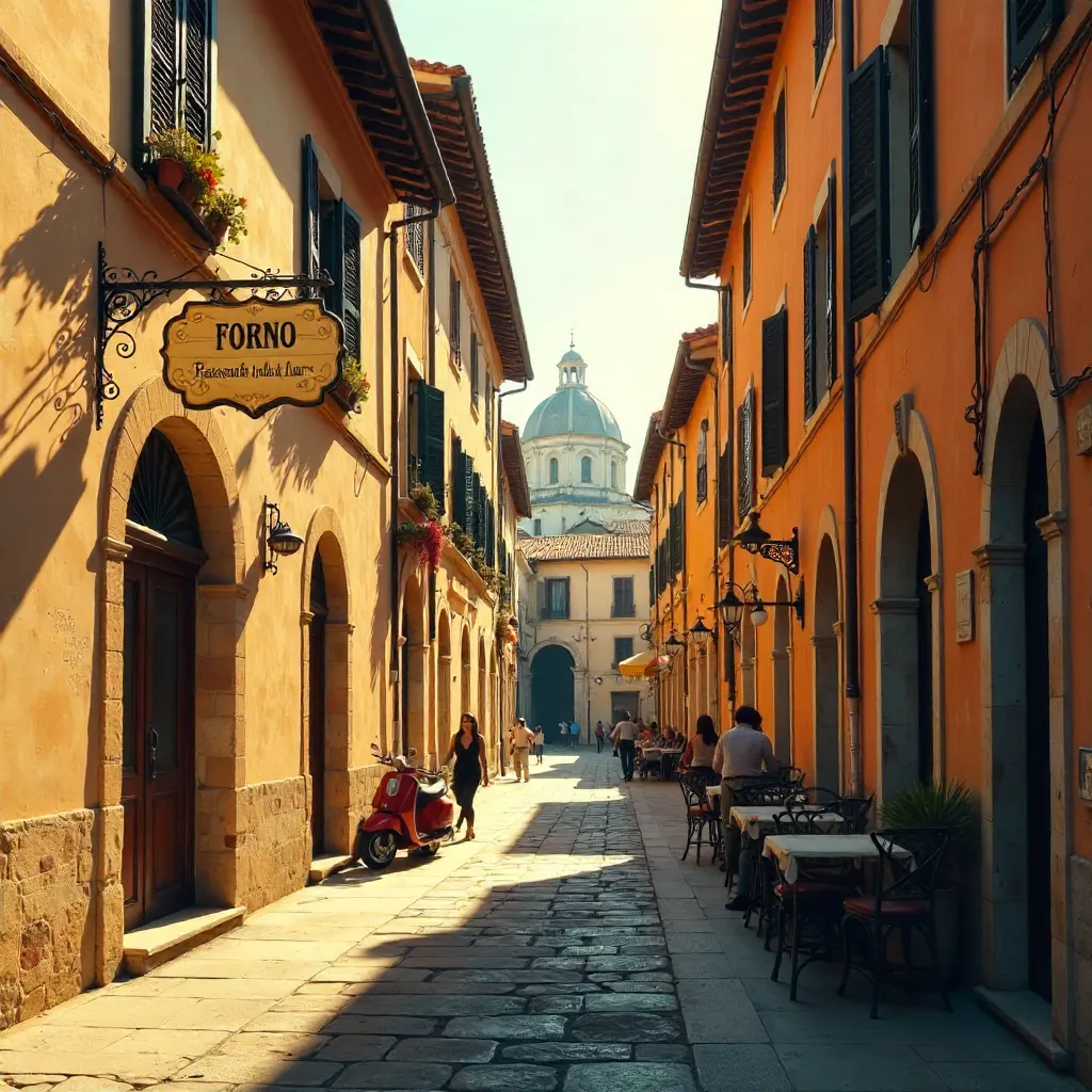 Sunlit Italian Street with FORNO Sign and Charm