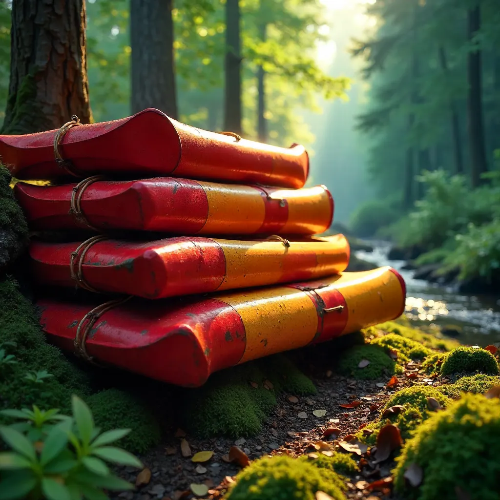 Vibrant Red and Yellow Canoes in a Lush Forest Adventure