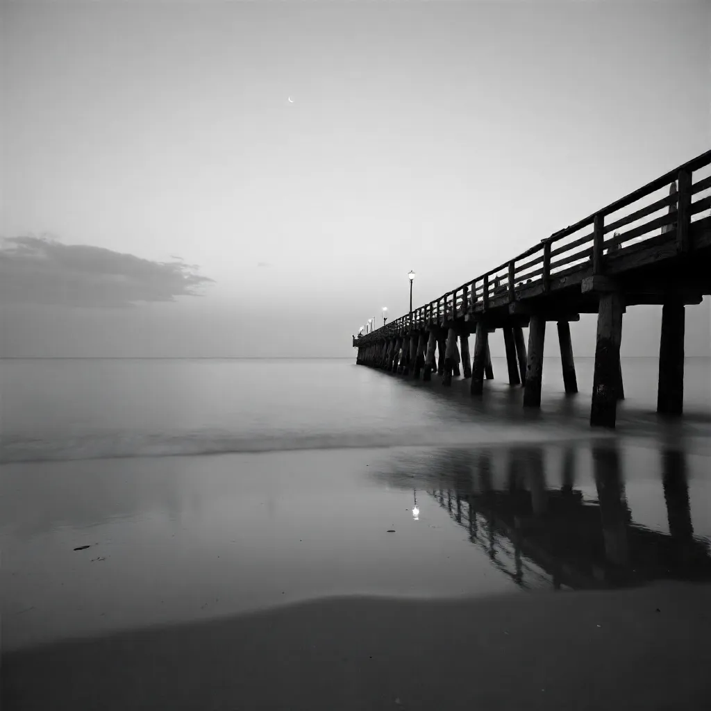 Moonlit Dusk: Serene Black-and-White Beach with Pier
