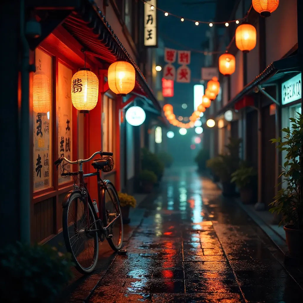 Night Alley Lanterns Illuminating a Bicycle in Warm Neon Glow