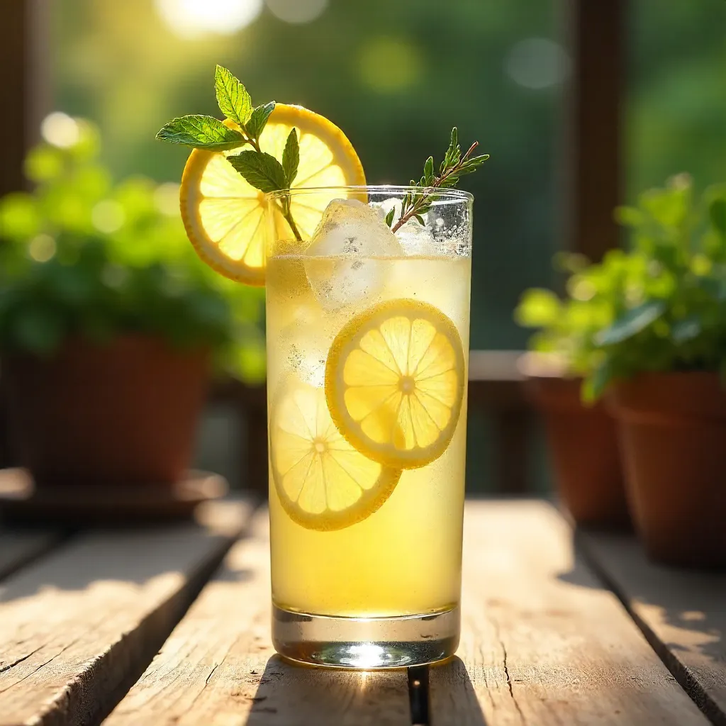 Herb-Garnished Lemon Iced Cocktail on a Sunny Patio