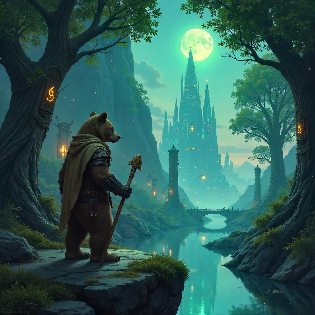 Bear Wanderer in an Elven City: Neon Fantasy