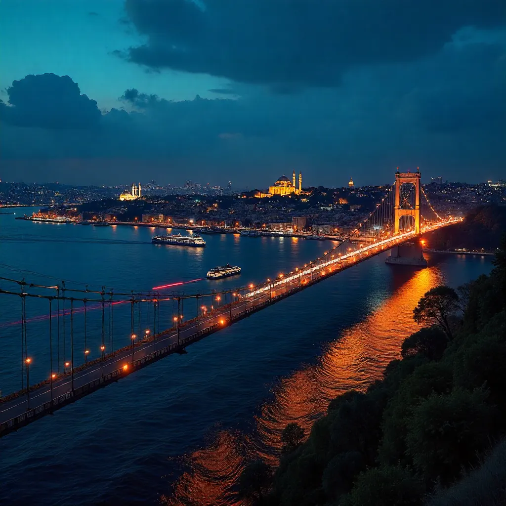 Istanbul Night Skyline: Illuminated Bosphorus Bridge
