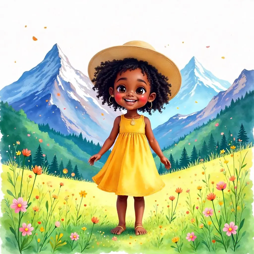 Cheerful Black Girl in Mountain Watercolor Meadow