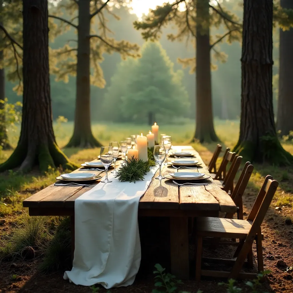 Serene Pine Forest Outdoor Dinner Table