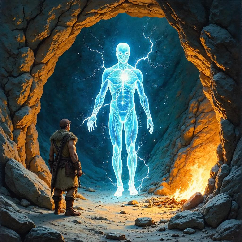 Luminescent Energy Being in a Stone Age Watercolor