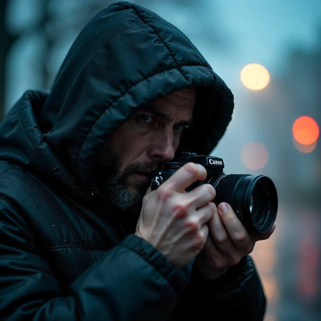 Foggy Hooded Photographer Close-Up with Camera