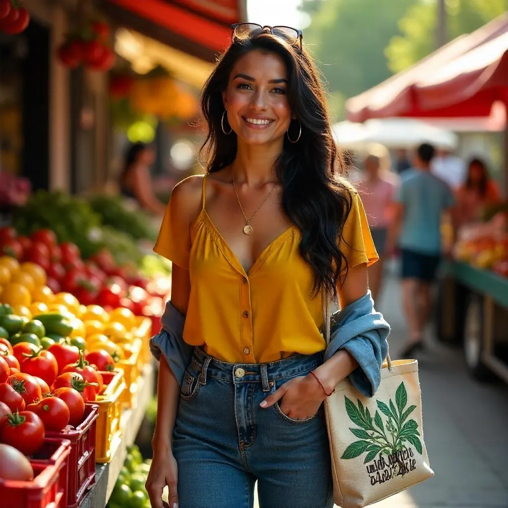 Stylish Latina at a Sunlit Farmers Market
