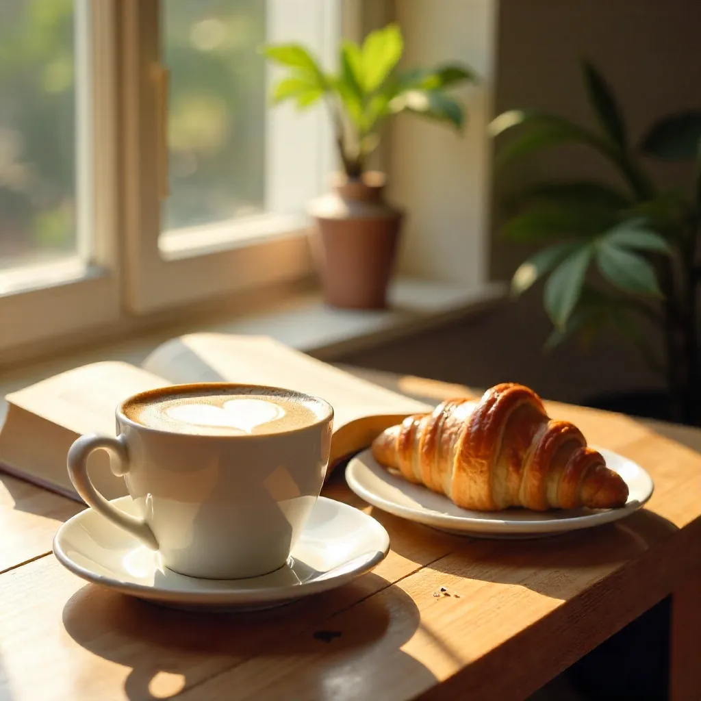 Peaceful Morning: Latte, Croissant, and a Book