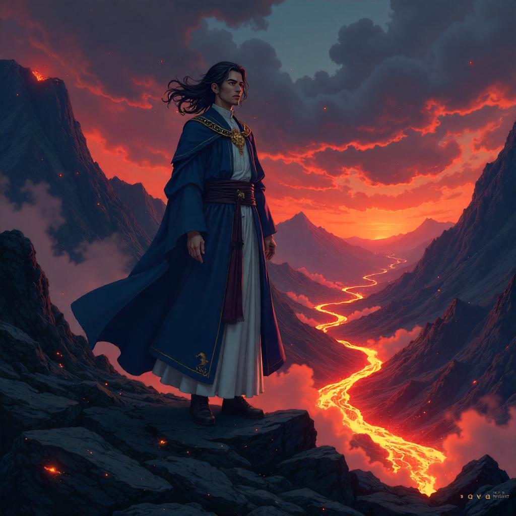 Anime Priest on Volcanic Rocks Under Lava Glow