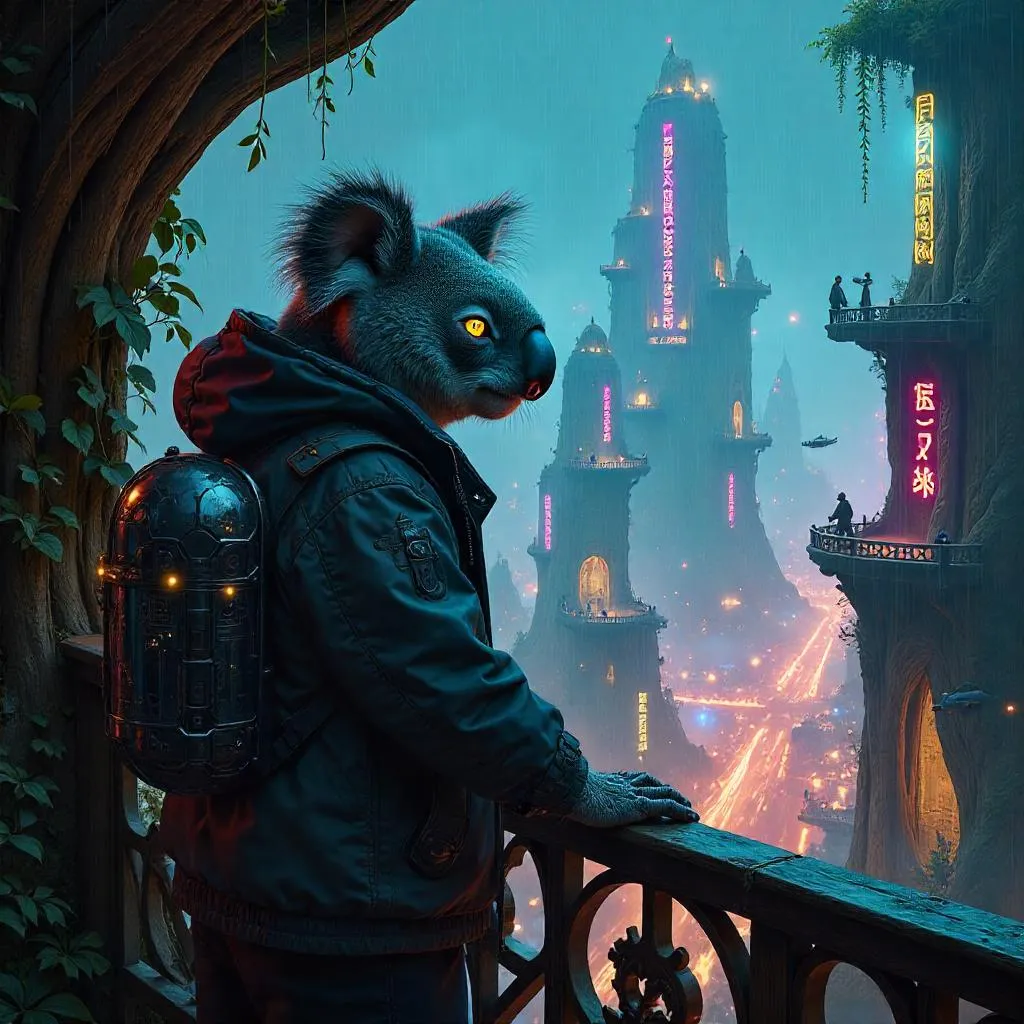 Neon Koala in an Elven Cyberpunk City