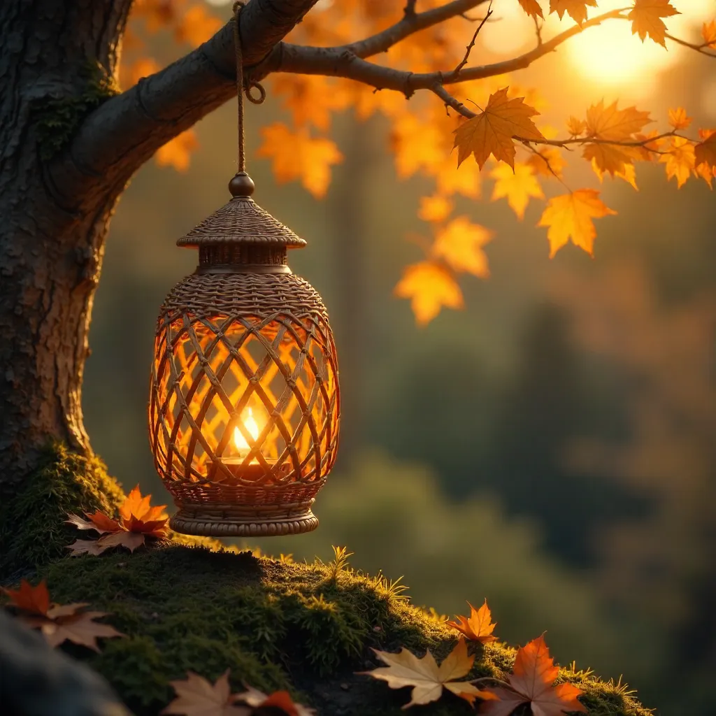 Elegant Woven Lantern in Autumn Golden Hour