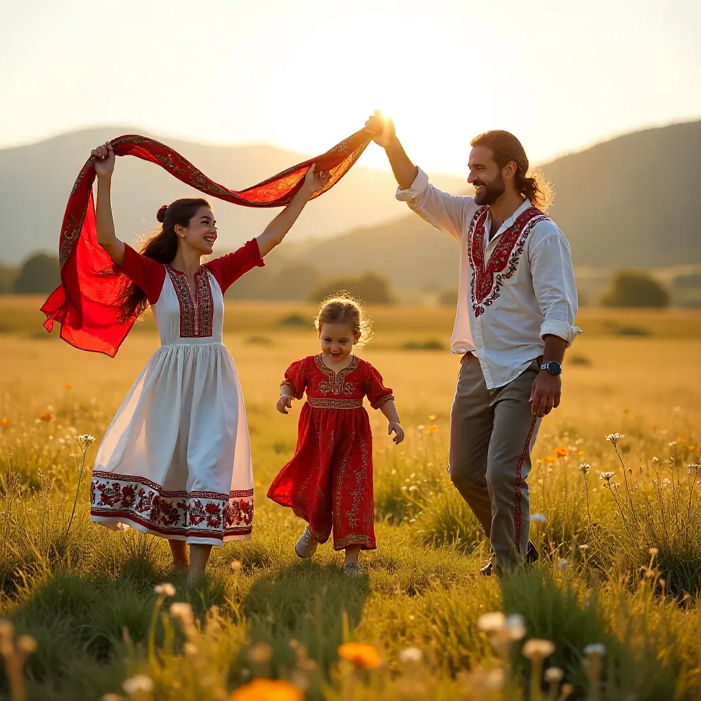 Joyful Family in Traditional Attire in a Sunlit Field