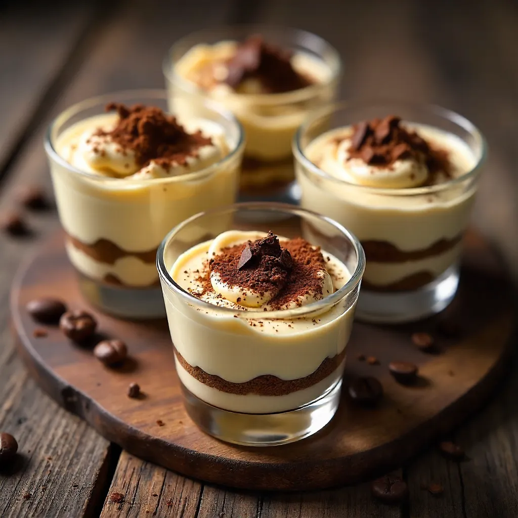 Top-down Tiramisu Bowls on Rustic Wooden Table