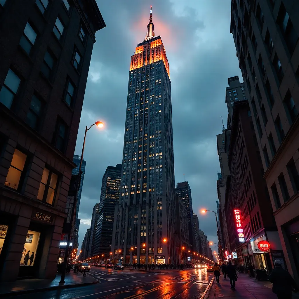 Bottom-Up View of the Empire State Building at Dusk