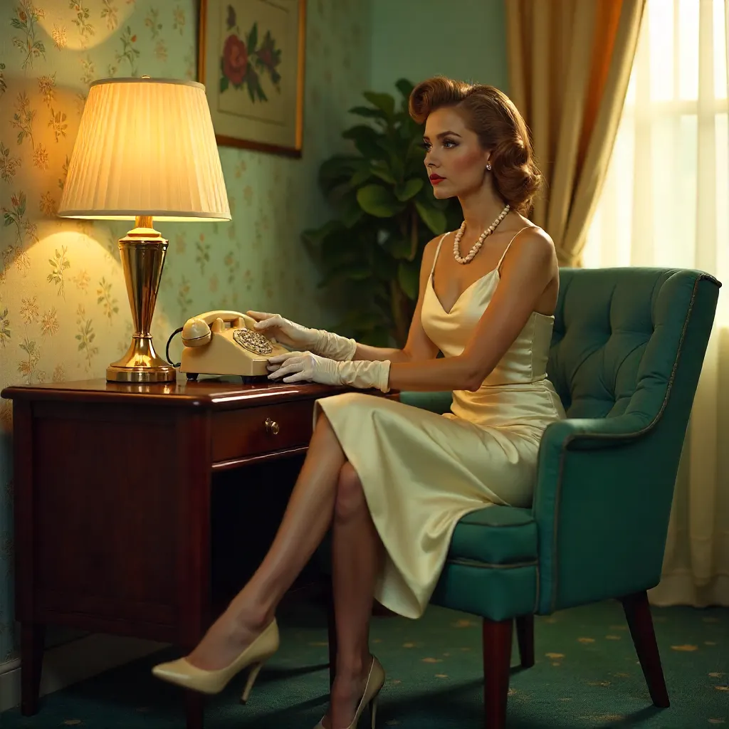 Stylish Woman with a Rotary Phone in Vintage Elegance