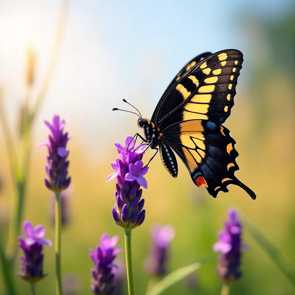 Elegant Swallowtail on Lavender in Sunlit Meadow