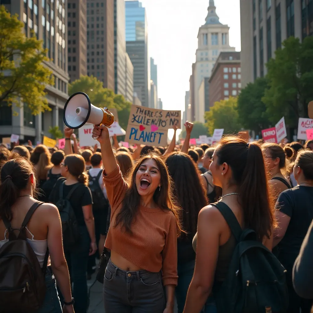 Vibrant Climate Protest Crowd with Activist Signs
