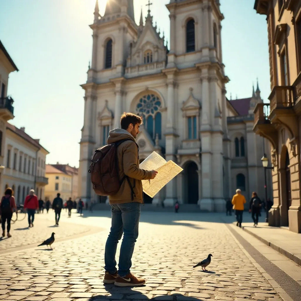 Traveler with Map Before Novi Sad Cathedral