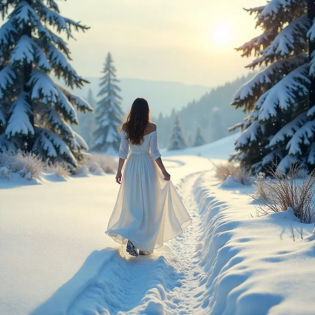Serene Snow Walk in a White Dress
