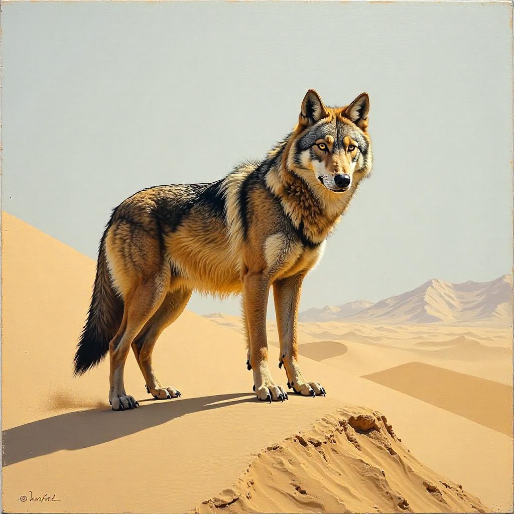 Lone Wolf in Golden Sand Dunes - Oil Painting