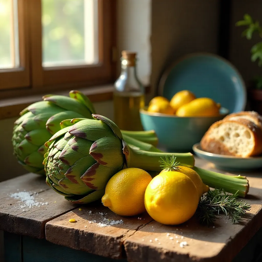 Vibrant Artichokes and Lemons on Rustic Table