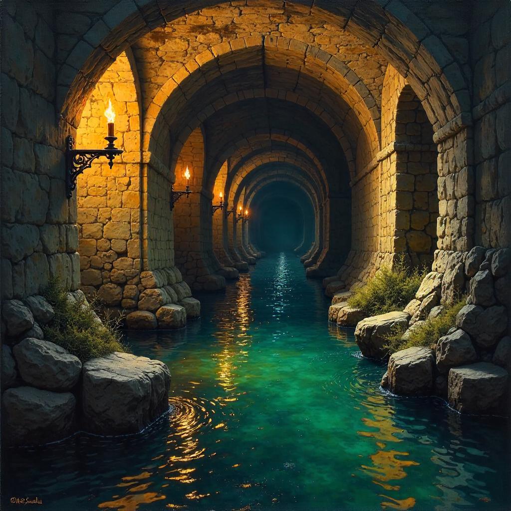 Oil Painting of a Subterranean River in Catacombs