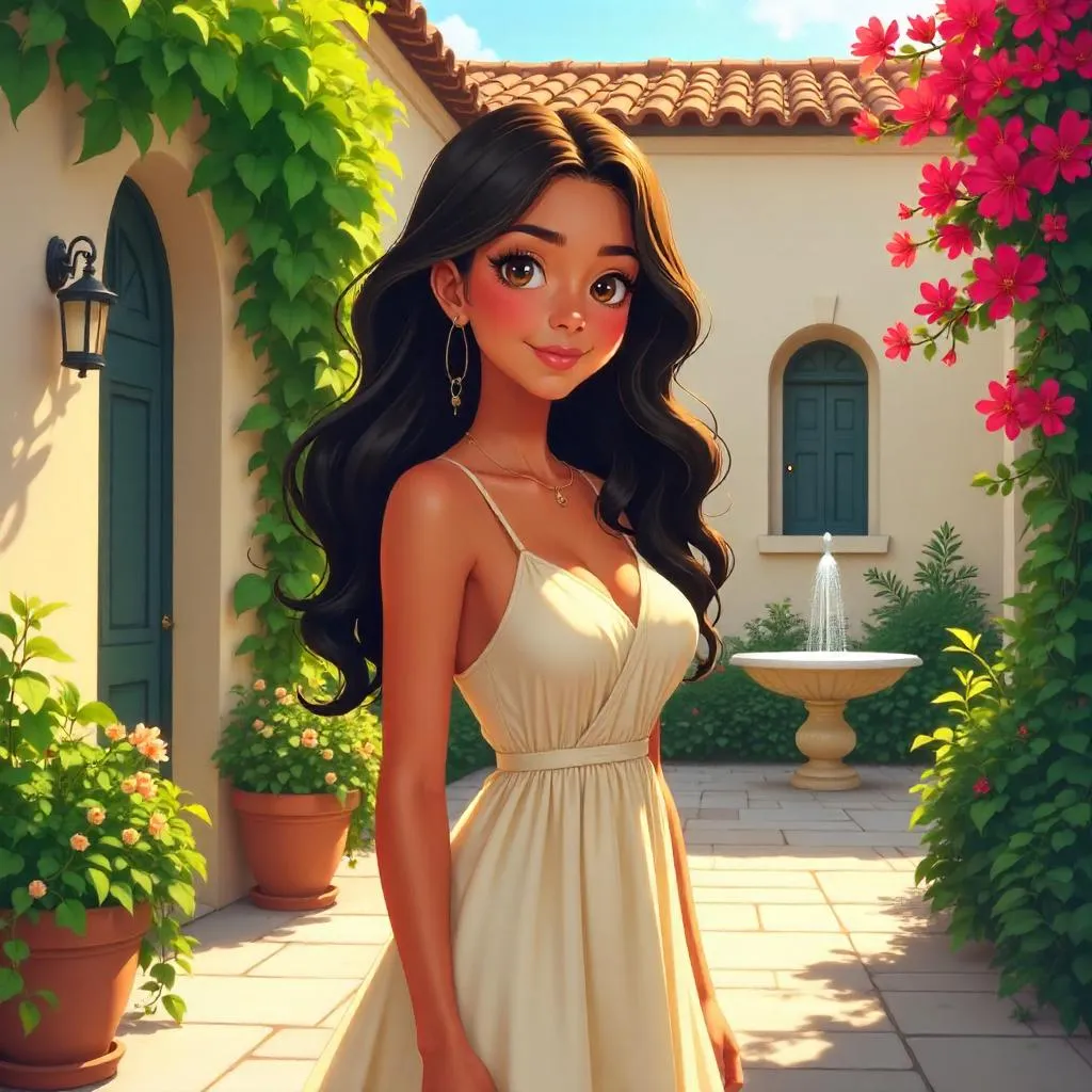 Latina Girl in a Sunlit Anime Courtyard