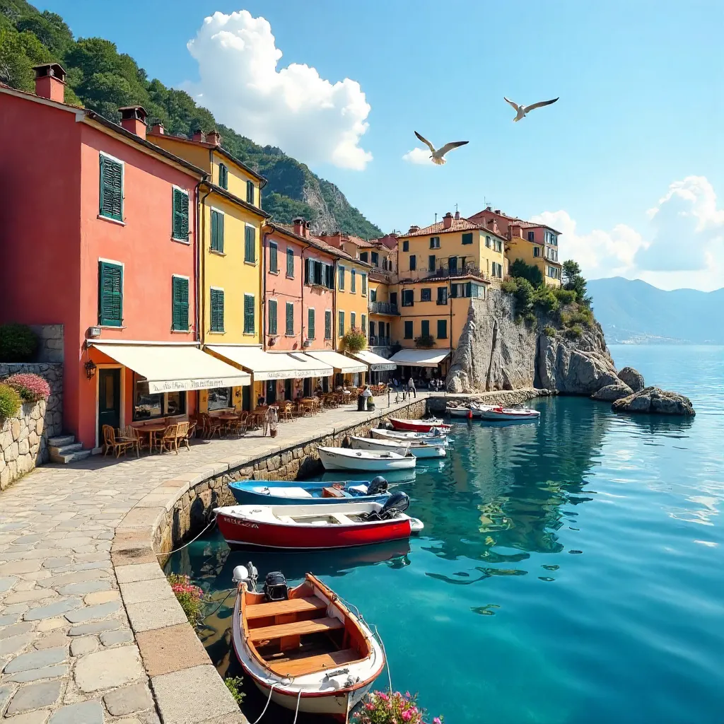 Sunlit Waterfront with Colorful Houses and Boats