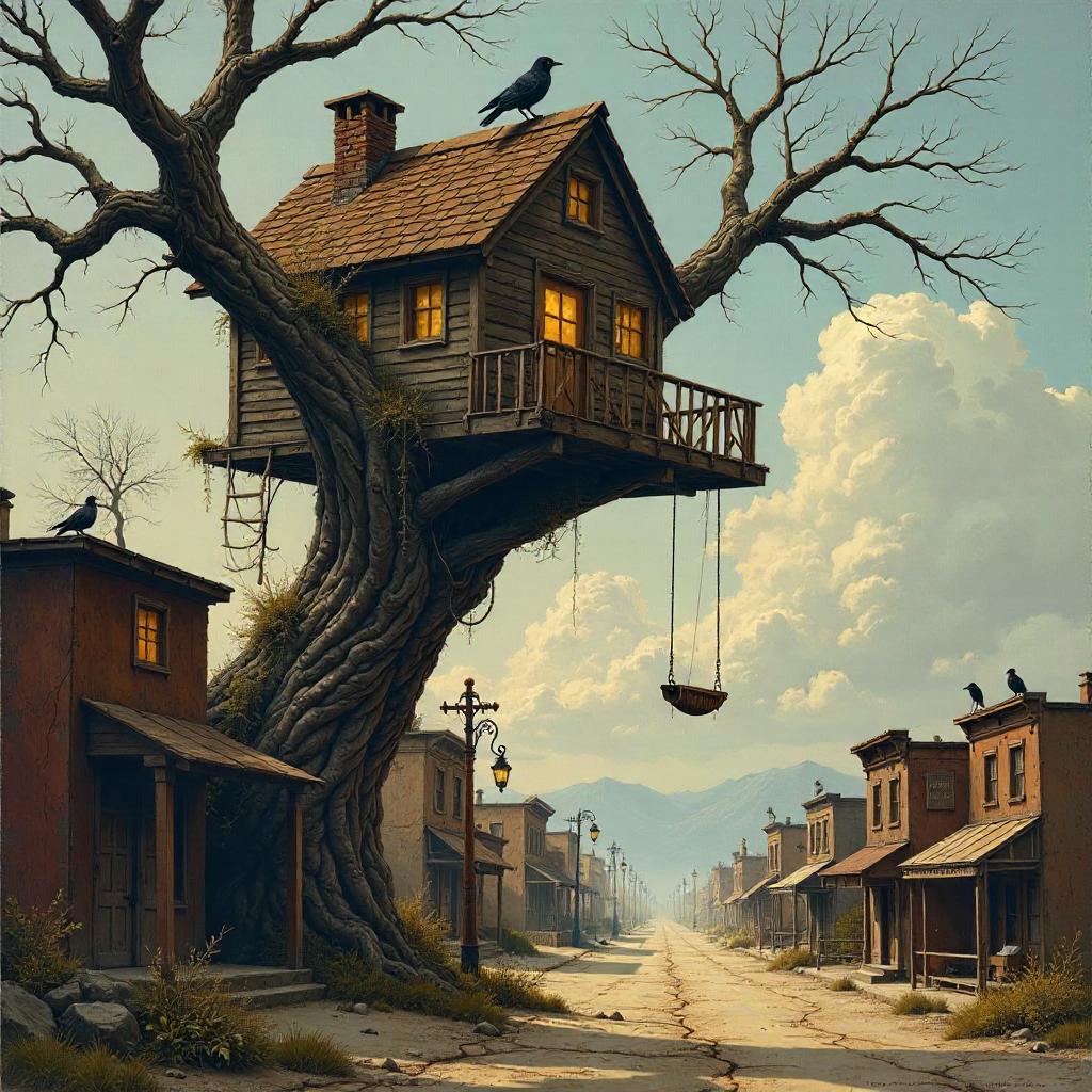 Treehouse Over a Ghost Town: An Oil Painting
