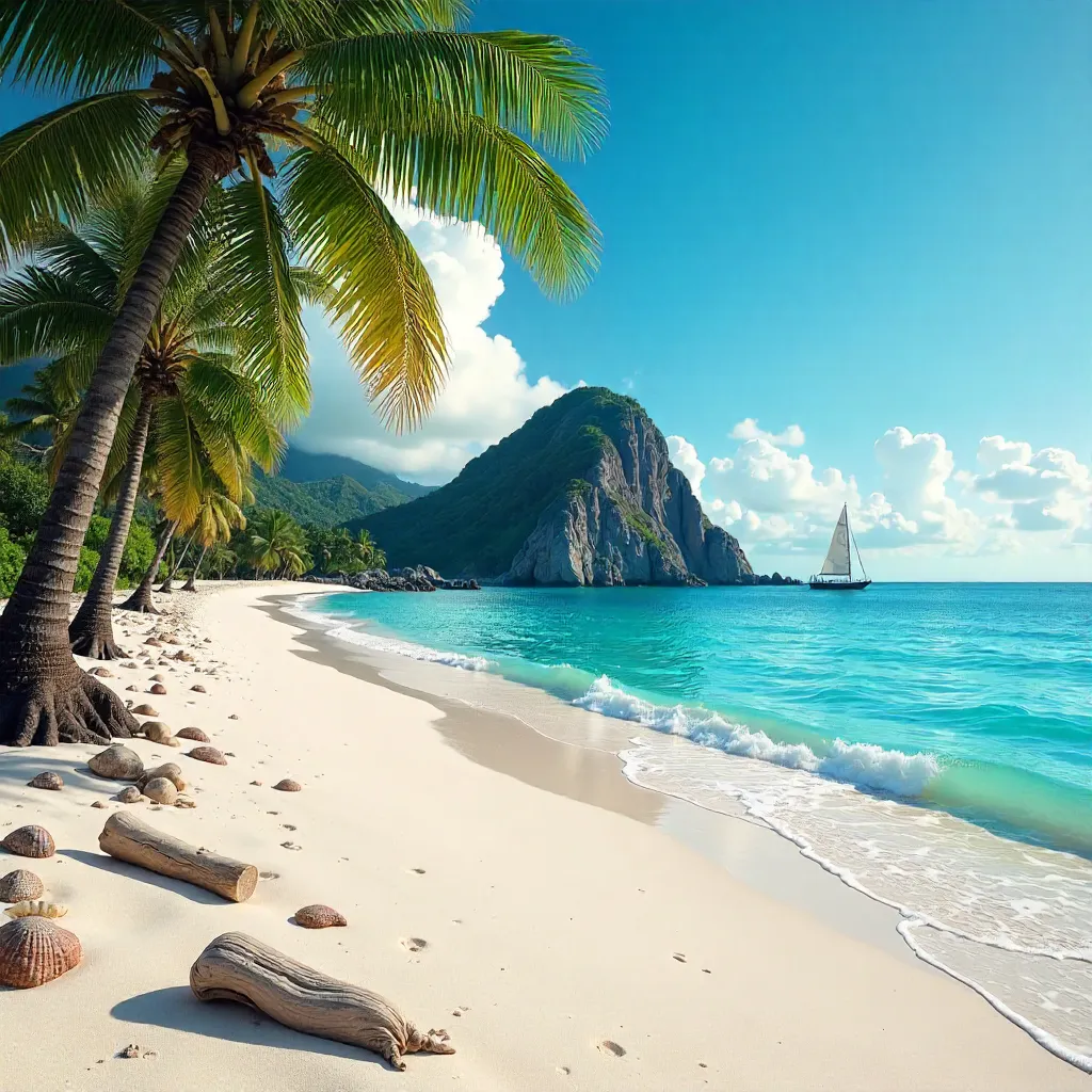 Serene Beach with Rocky Island Under Bright Sky