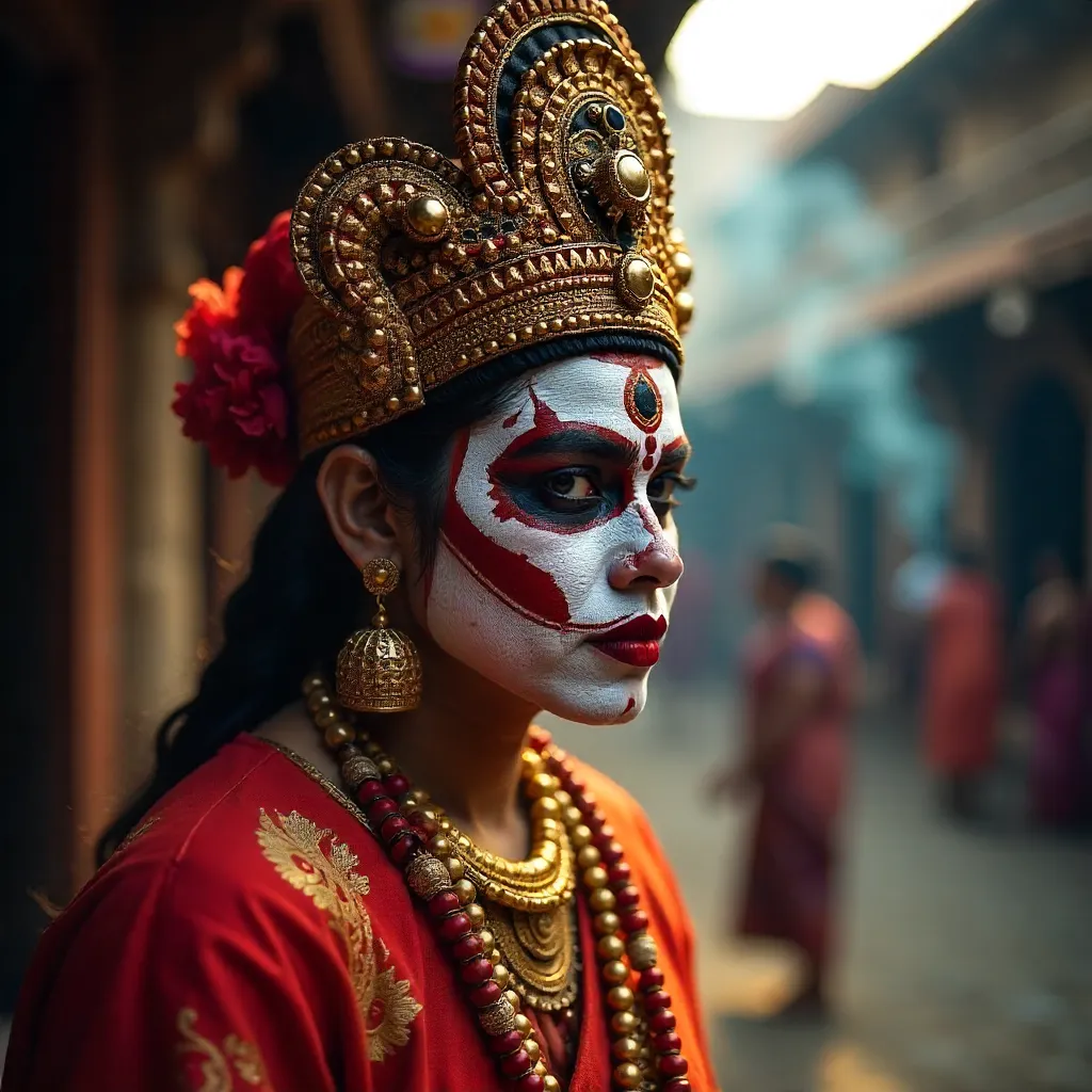 Close-Up Theyyam Performer in Elaborate Red Costume, Kerala