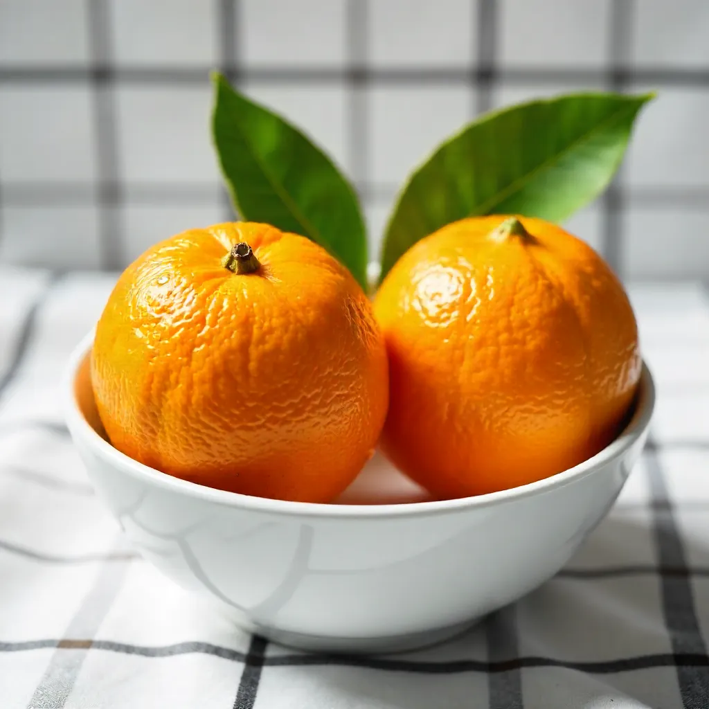 Two Ripe Tangerines in a Checkered Bowl