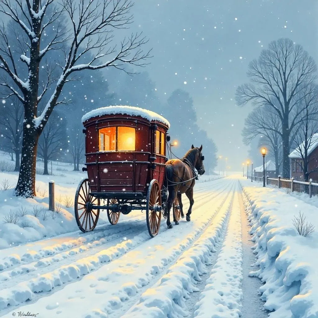 Carriage in a Blizzard: A Watercolor Scene
