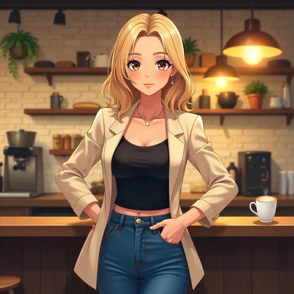Confident Anime Woman in a Cozy Cafe