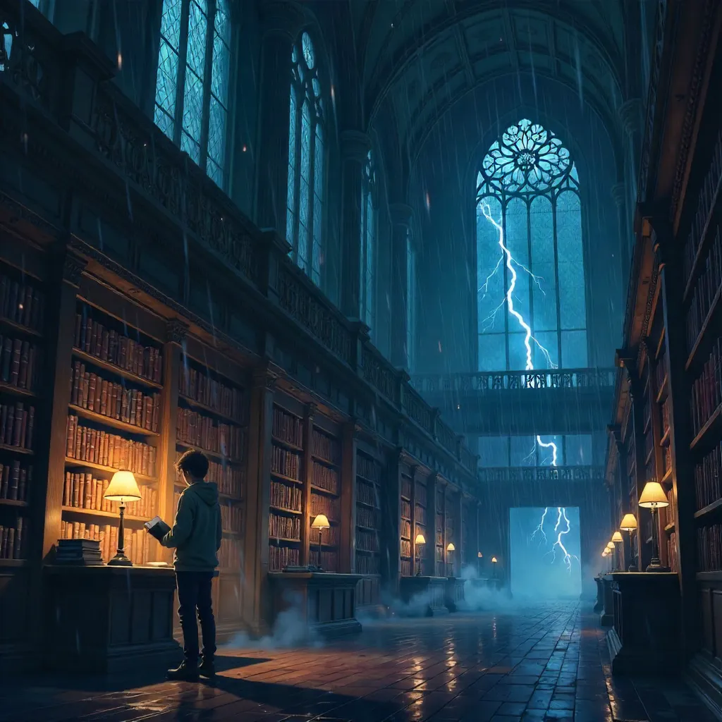 Stormy Library Night in Anime Style