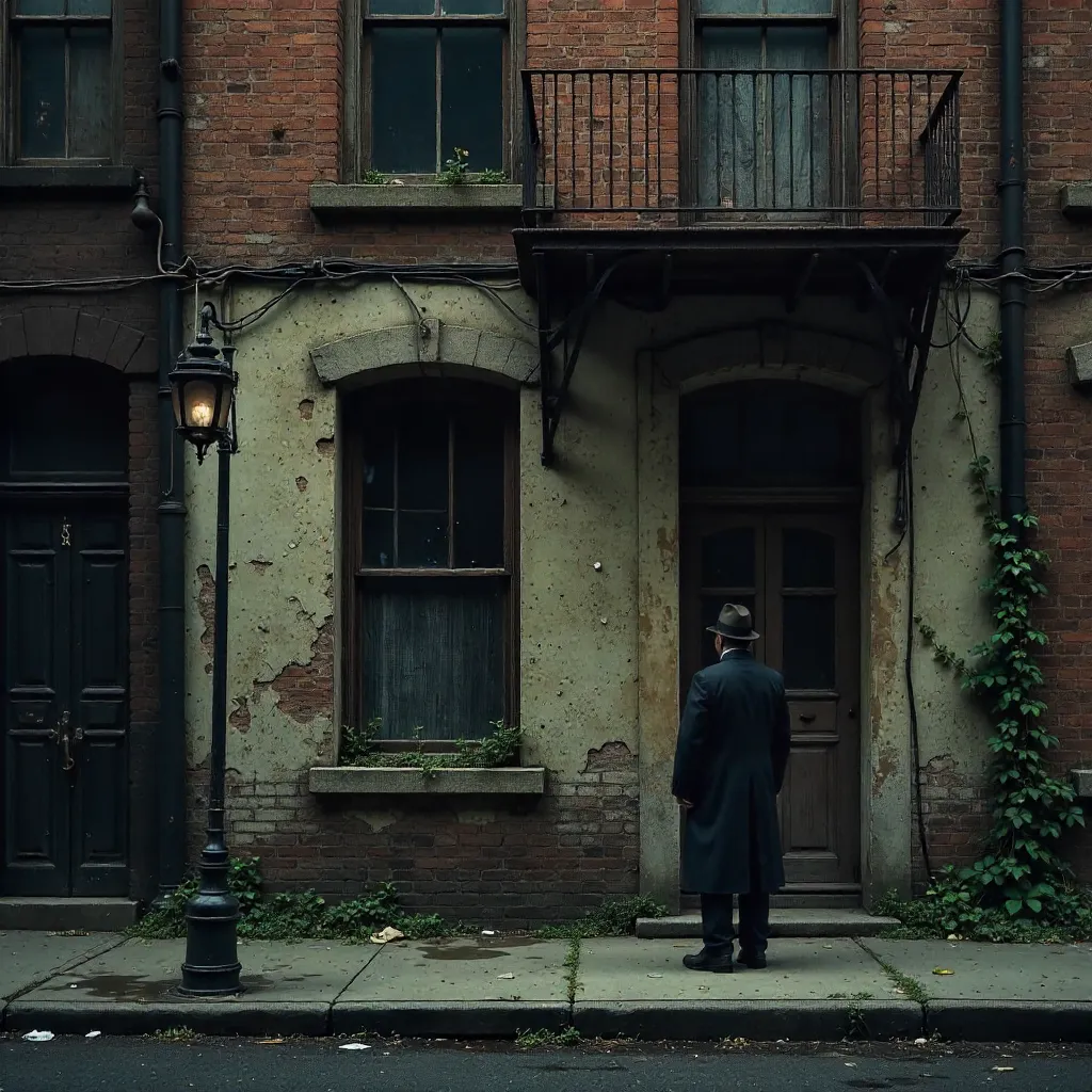 Shadowed Decay: A Man in an Aged Facade
