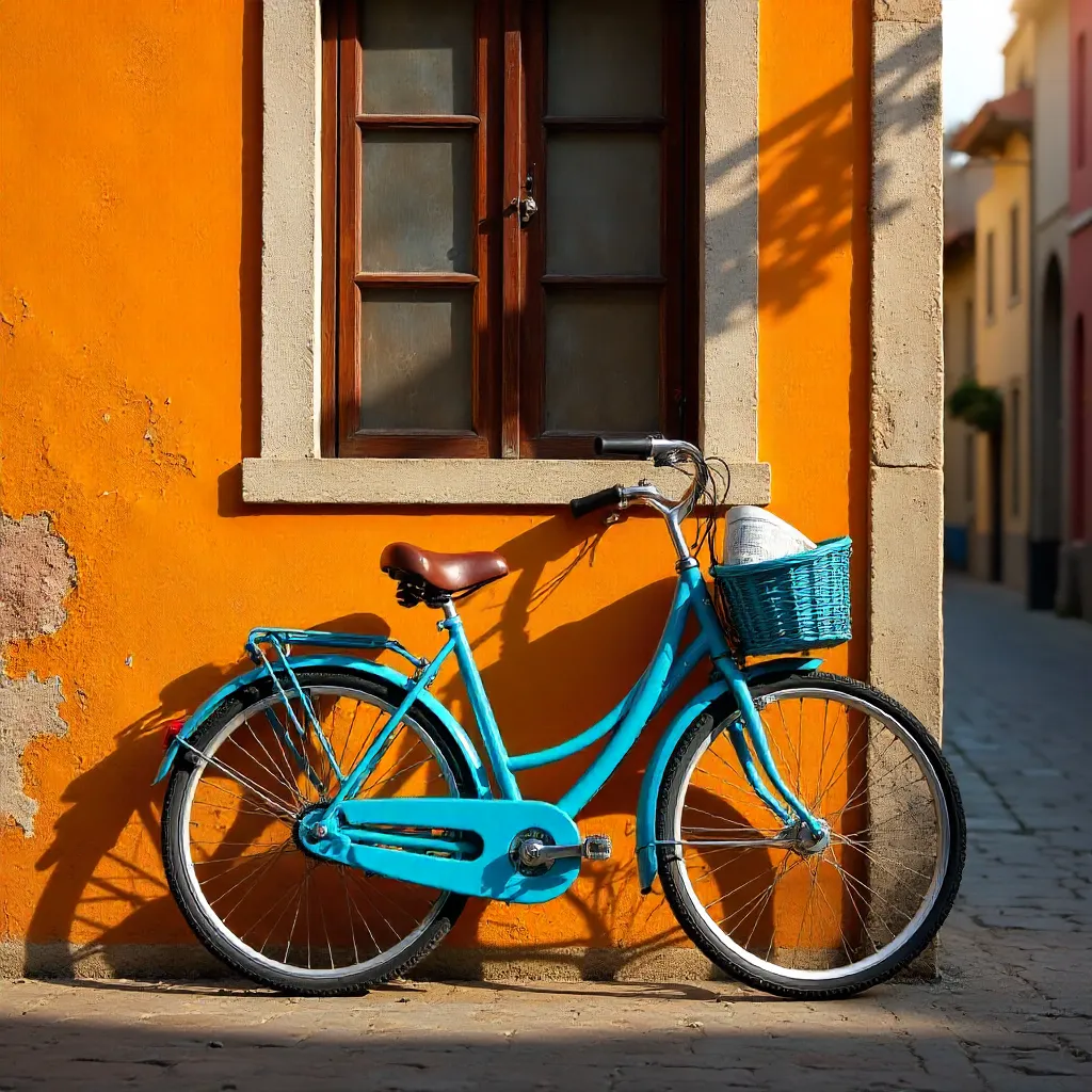 Vibrant Blue Bicycle by Orange Wall — Travel Scene