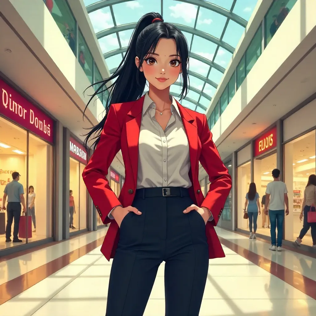 Confident Asian Woman in an Anime Mall