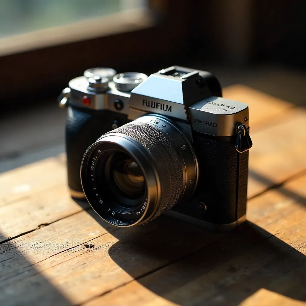 Close-Up: Fujifilm X-T5 on Rustic Wood Table