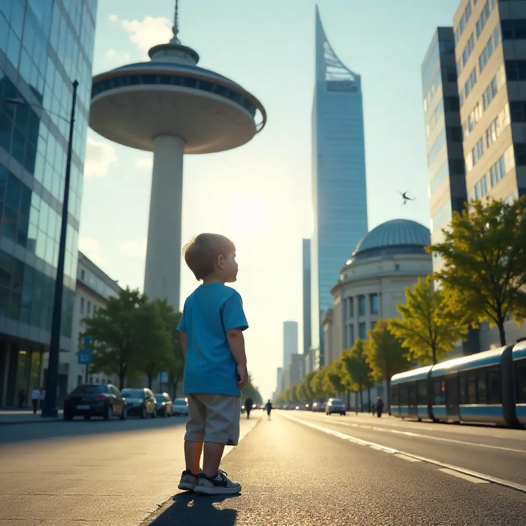 Blue Shirt Child Exploring Berlin's Modern Architecture