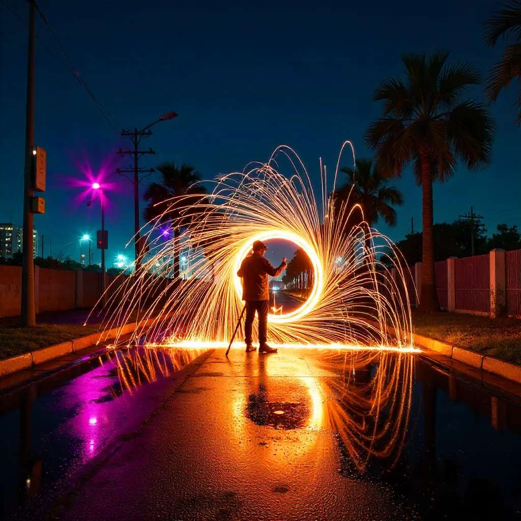 Vibrant Steel Wool Light Painting over Lusaka at Night